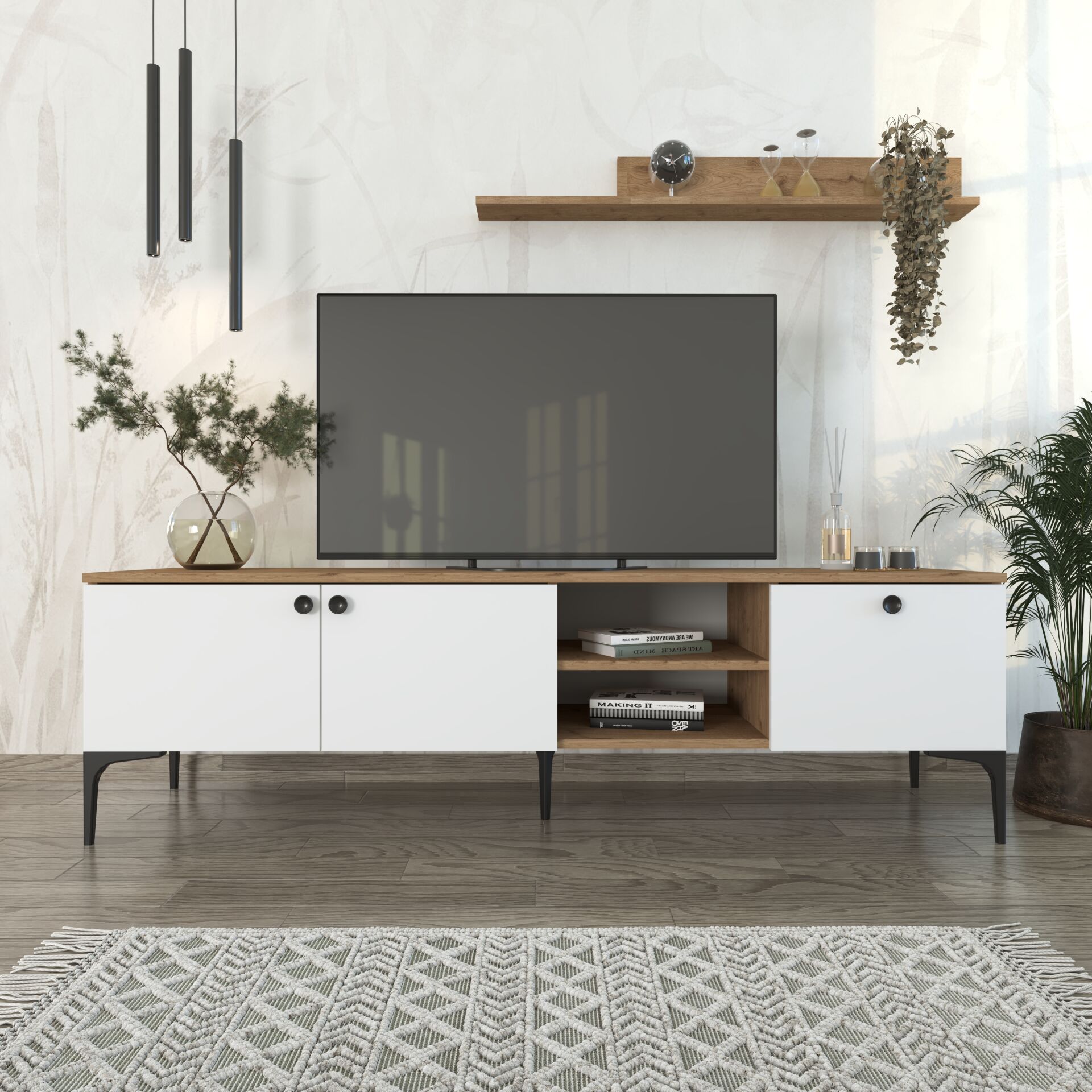 Motto Raflı Tv Ünitesi 180 cm , Meşe (Sepet) - Beyaz