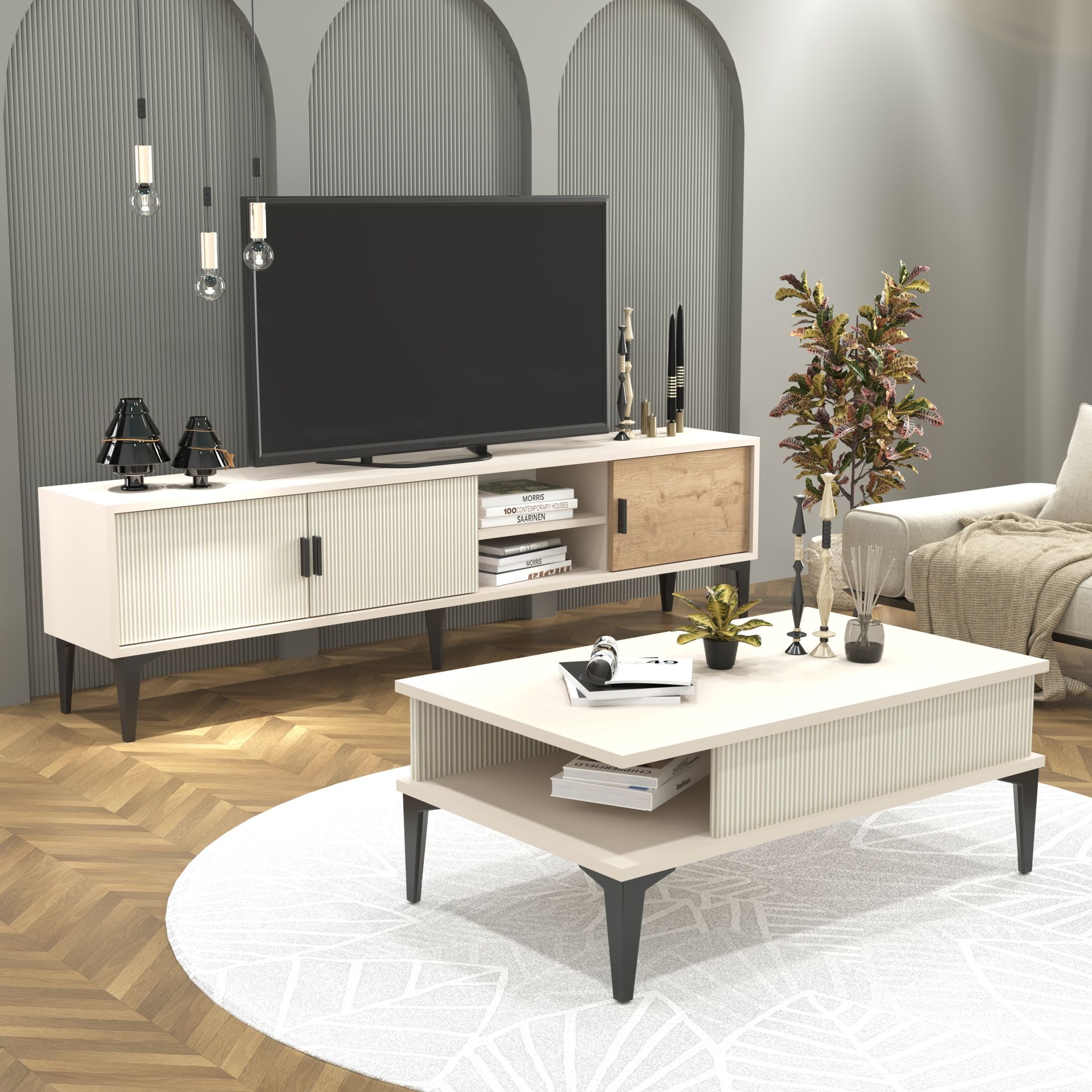 Marin Tv Ünitesi 180 cm - Orta Sehpa Seti Çizgi desenli , Raflı , Sis Gri