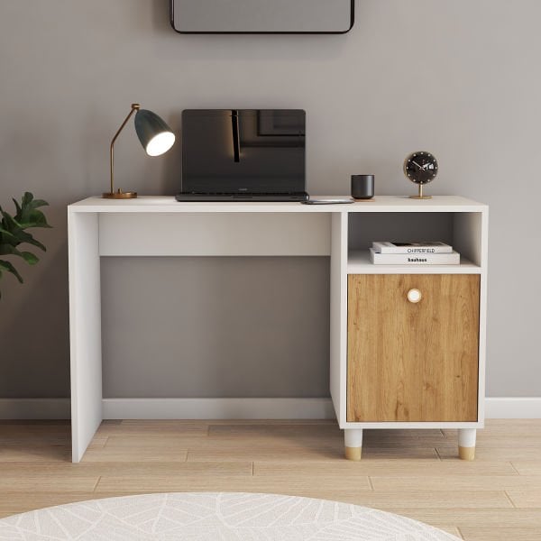 Studio Raflı Kapaklı Çalışma Masası Beyaz - Sepet (meşe)