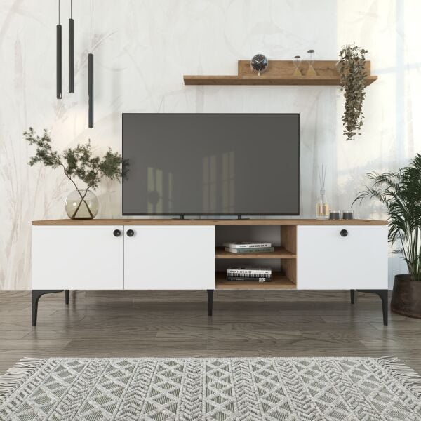 Motto Raflı Tv Ünitesi 180 cm , Meşe (Sepet) - Beyaz