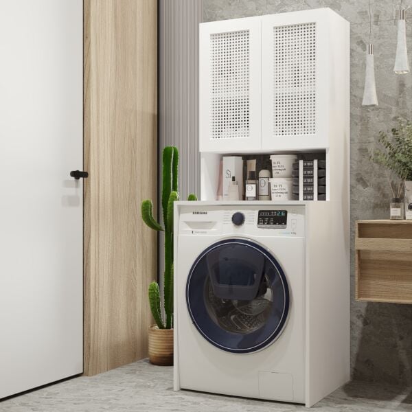 Hazeran Çamaşır - Kurutma Makinesi Dolabı, Raflı , Kapaklı Banyo Dolabı Beyaz