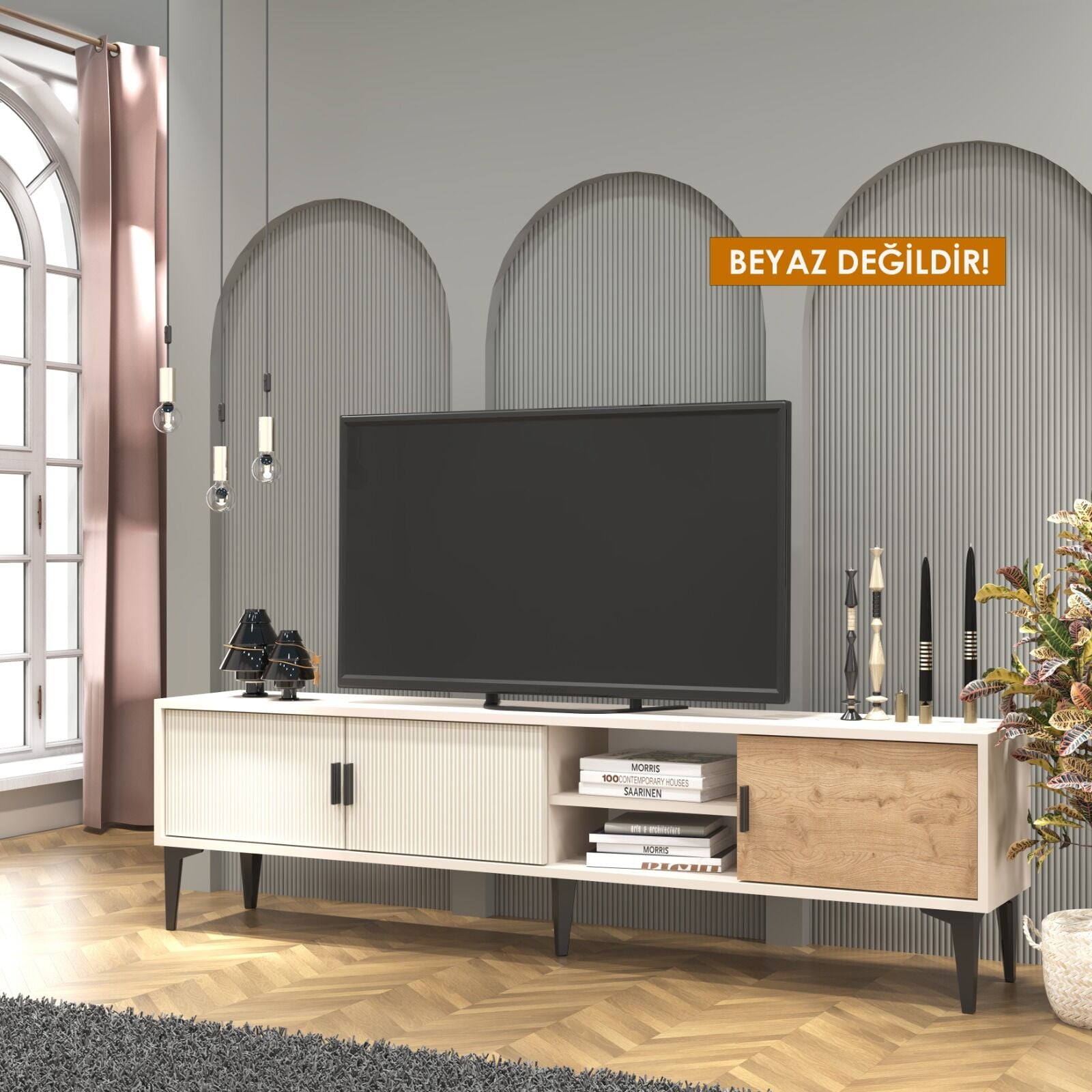 Marin Tv Ünitesi Tv Sehpası 180 cm Çizgi desenli , Raflı , Sis Gri(BEYAZ DEĞİLDİR)