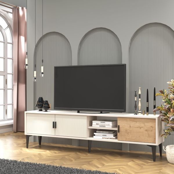 Marin Tv Ünitesi Tv Sehpası 180 cm Çizgi desenli , Raflı , Sis Gri(BEYAZ DEĞİLDİR)
