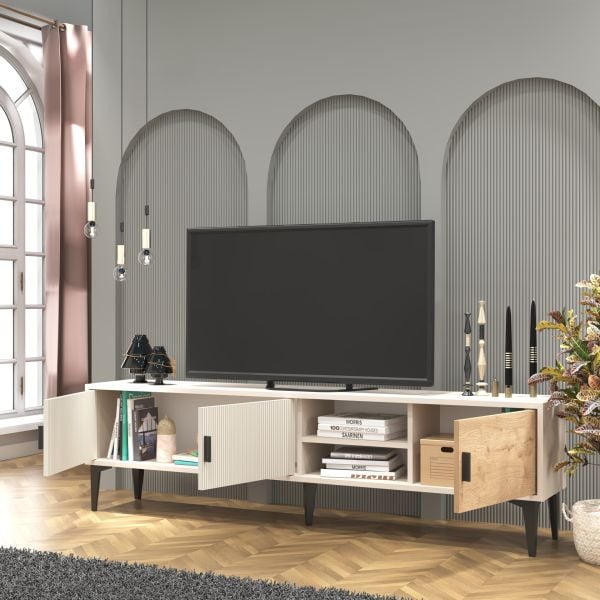 Marin Tv Ünitesi Tv Sehpası 180 cm Çizgi desenli , Raflı , Sis Gri(BEYAZ DEĞİLDİR)