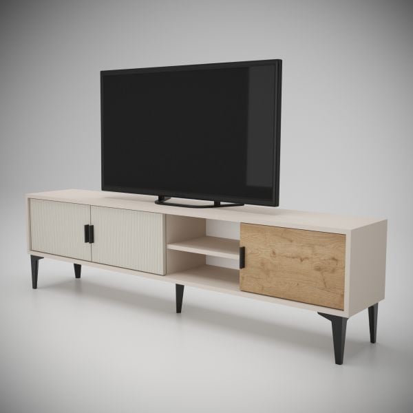Marin Tv Ünitesi Tv Sehpası 180 cm Çizgi desenli , Raflı , Sis Gri
