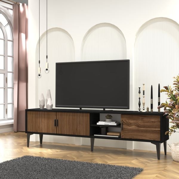 Marin Tv Ünitesi Tv Sehpası 180 cm Çizgi desenli , Raflı , Siyah - Ceviz