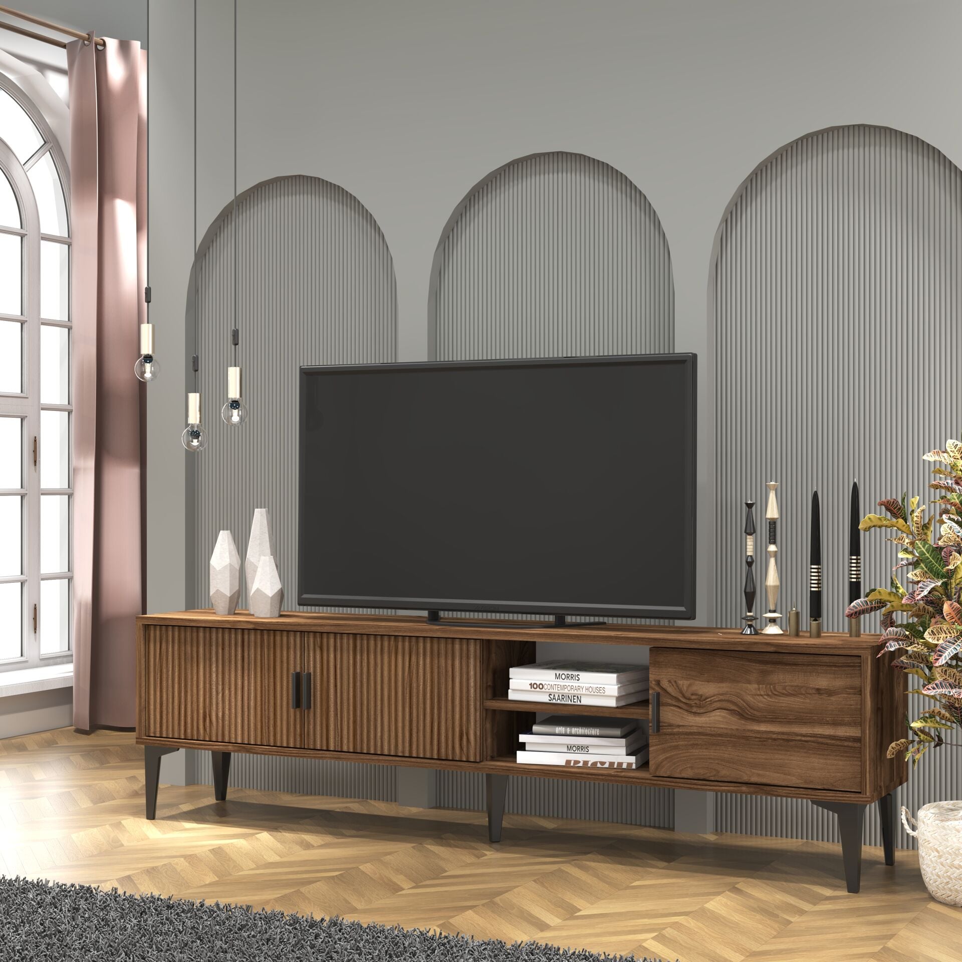 Marin Tv Ünitesi Tv Sehpası 180 cm Çizgi desenli , Raflı , Ceviz