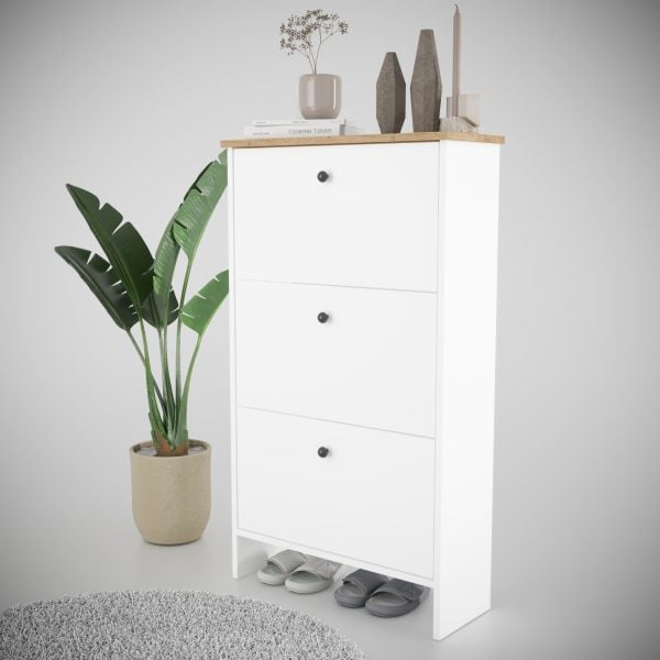 Lotus Düşer Kapak Ayakkabılık , 3 Kayar Raflı , Dresuar , Beyaz
