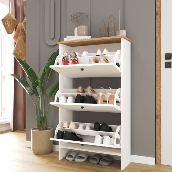 Lotus Düşer Kapak Ayakkabılık , 3 Kayar Raflı , Dresuar , Beyaz