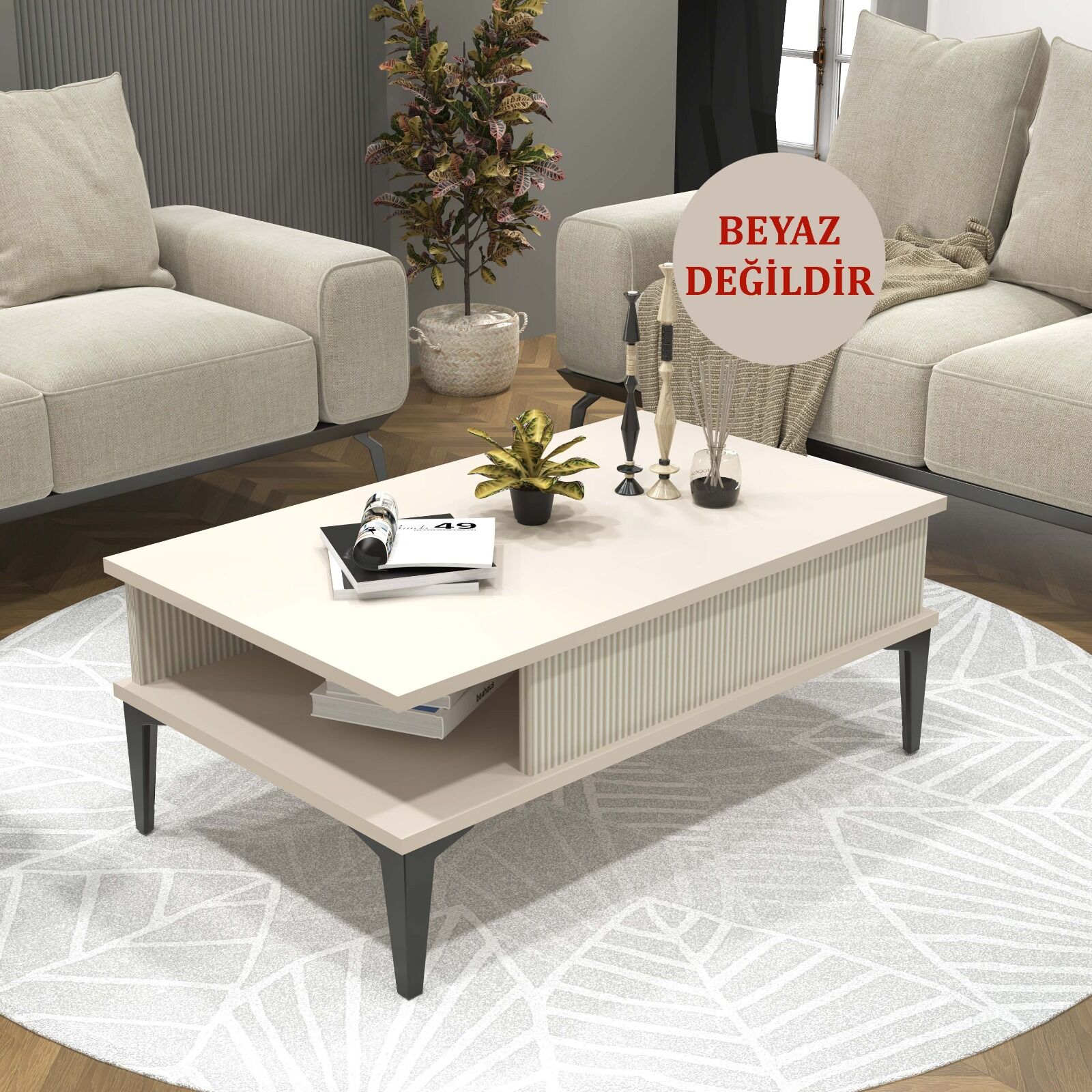 Marin Orta Sehpa , Sis Gri , Çizgi Desenli , Raflı(BEYAZ DEĞİLDİR)