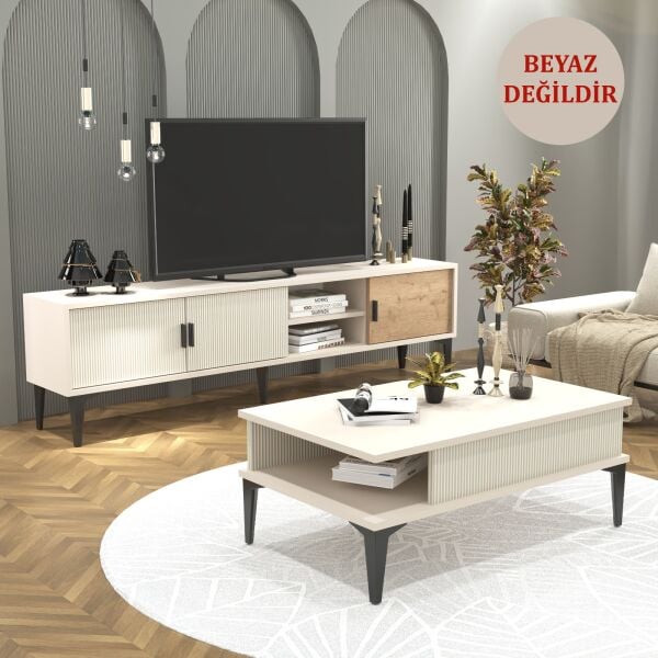 Marin Tv Ünitesi 180 cm - Orta Sehpa Seti  Çizgi desenli , Raflı , Sis Gri (BEYAZ DEĞİLDİR)