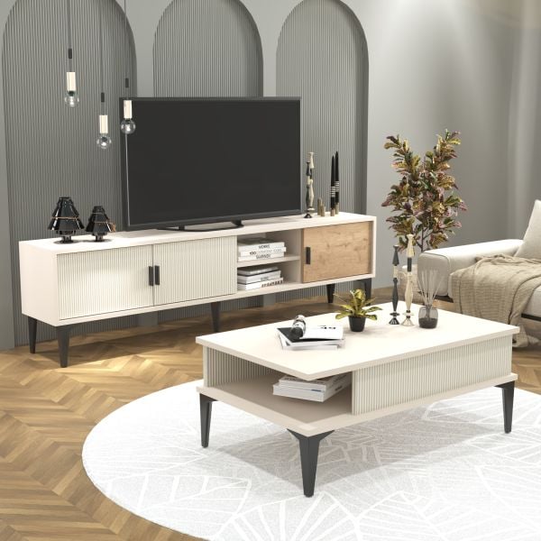 Marin Tv Ünitesi 180 cm - Orta Sehpa Seti  Çizgi desenli , Raflı , Sis Gri