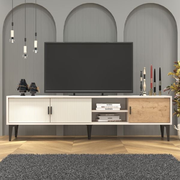 Marin Tv Ünitesi 180 cm - Orta Sehpa Seti  Çizgi desenli , Raflı , Sis Gri