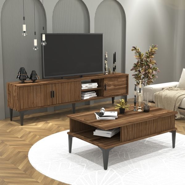 Marin Tv Ünitesi 180 cm - Orta Sehpa Seti  Çizgi desenli , Raflı , Ceviz (Sandık)