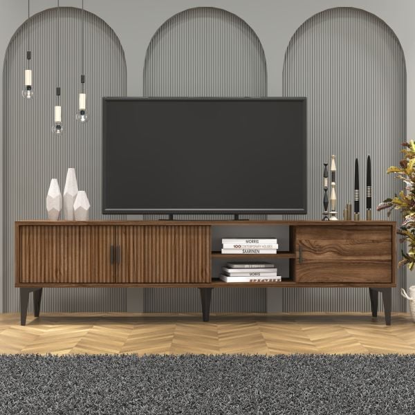 Marin Tv Ünitesi 180 cm - Orta Sehpa Seti  Çizgi desenli , Raflı , Ceviz (Sandık)