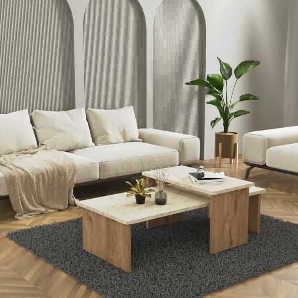 Vera 2 ' li Orta Sehpa , Servis Sehpası Sepet - Traverten (Mermer Desen)