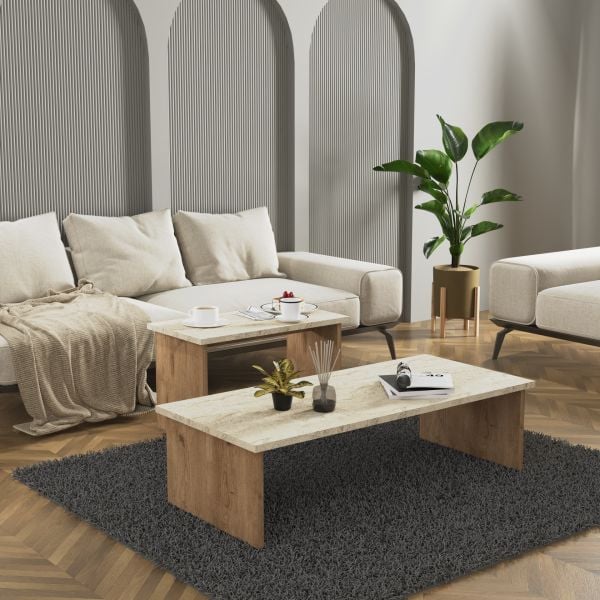 Vera 2 ' li Orta Sehpa , Servis Sehpası Sepet - Traverten (Mermer Desen)