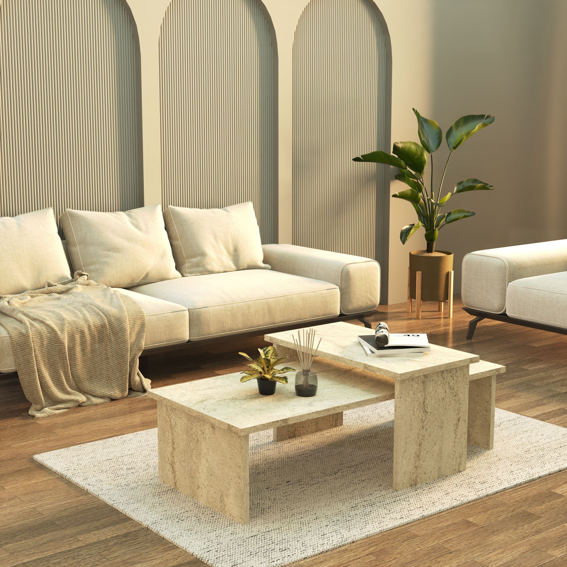 Vera 2 ' li Orta Sehpa , Servis Sehpası  Traverten (Mermer Desen)