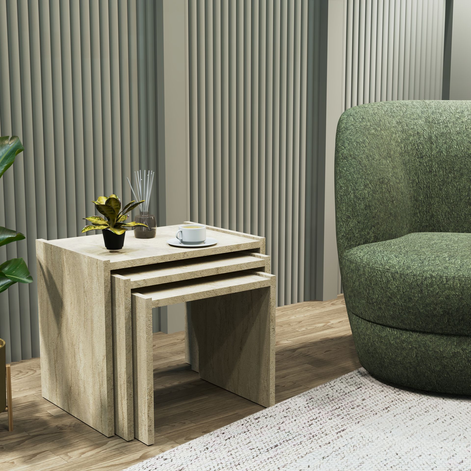 Vera  3'lü Zigon Sehpa , Servis Sehpası Traverten