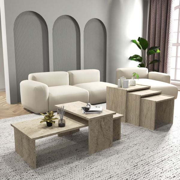 Vera 2 ' li Orta Sehpa Ve Zigon Sehpa Seti , Servis Sehpası Traverten (Mermer Desen)