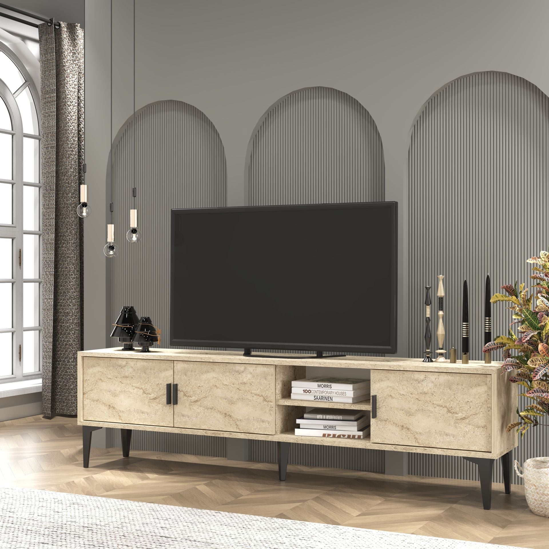 Marin Tv Ünitesi Tv Sehpası 180 cm Traverten ( Mermer Desen )