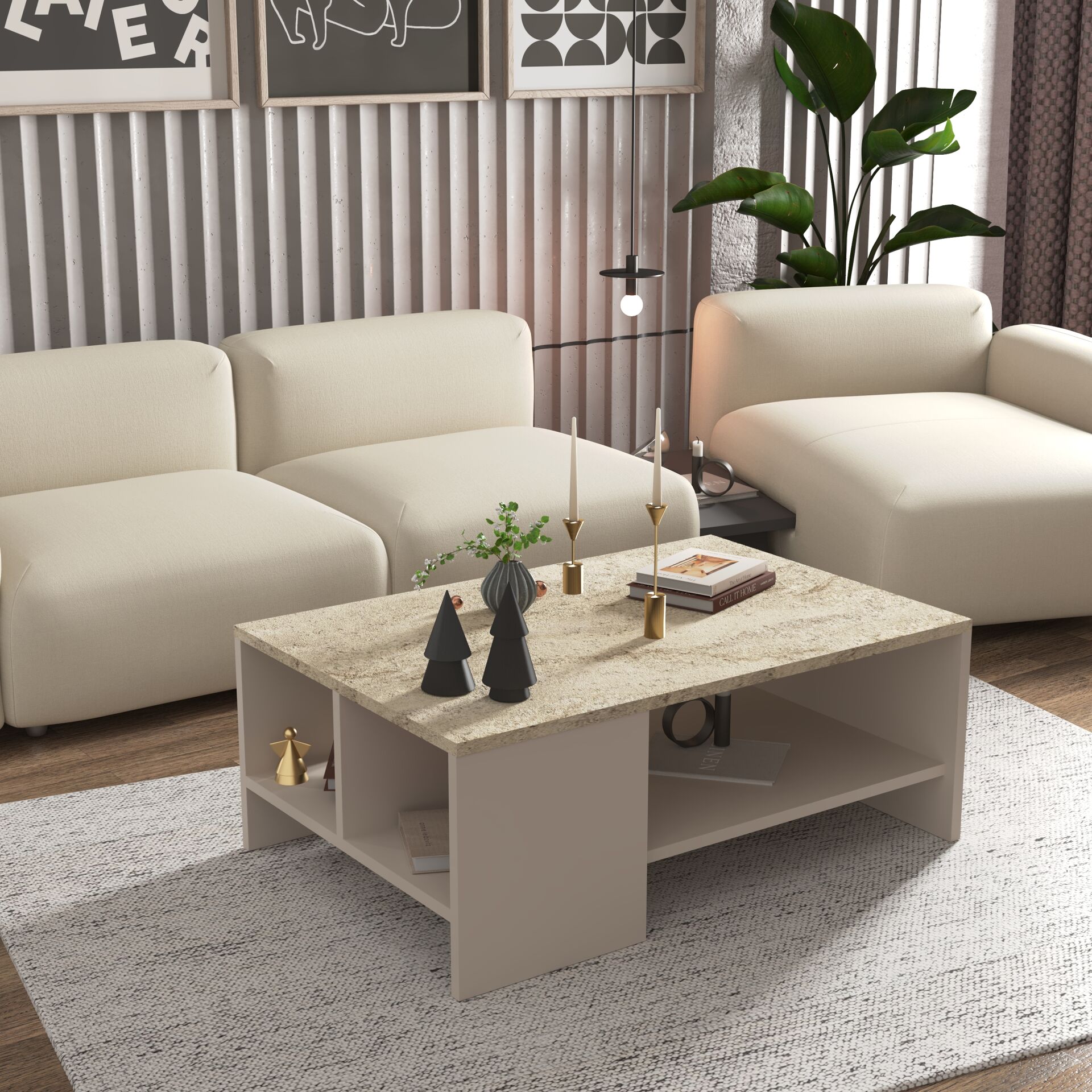 Liri Orta Sehpa Traverten (mermer desen) - Kumsal (sis gri)