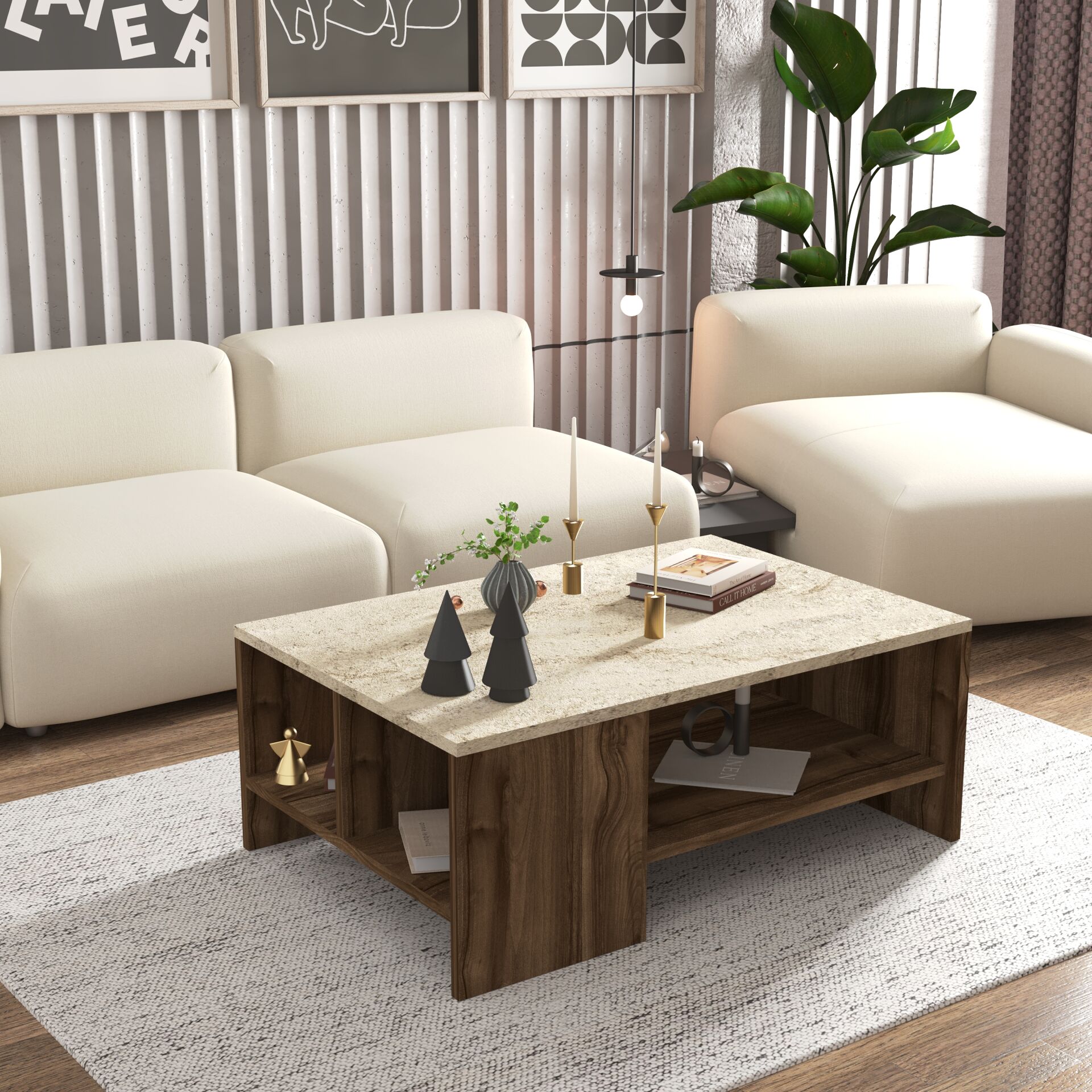 Liri Orta Sehpa Traverten (mermer desen) - Sandık (ceviz)