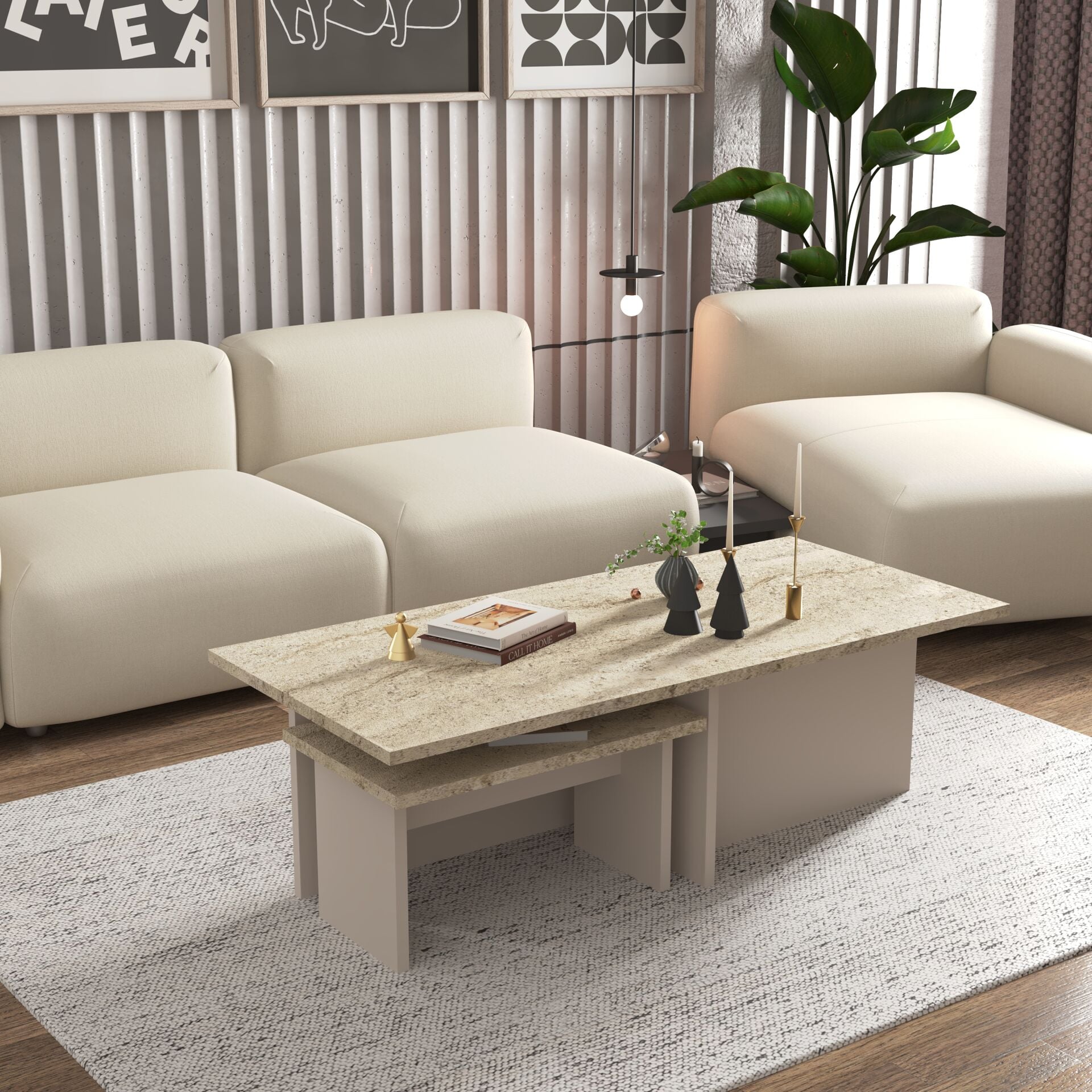 Novi Orta Sehpa , Servis , Zigon Sehpa Traverten (Mermer Desen) - Kumsal