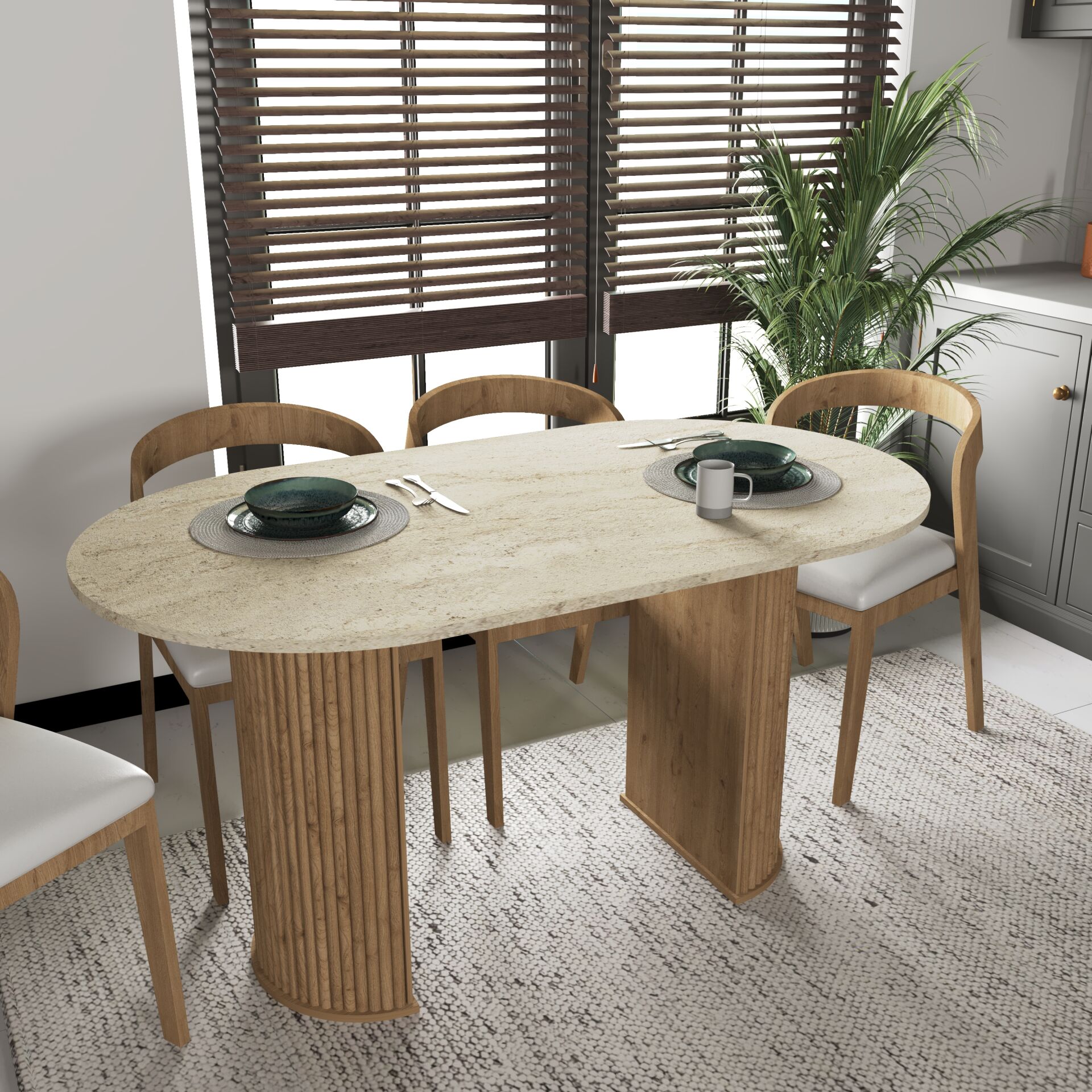 Bohem Yemek Masası , Mutfak Masası , Oval , Traverten (Mermer desen) , İskandinav