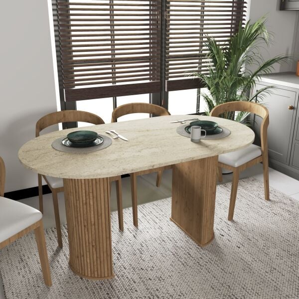 Bohem Yemek Masası , Mutfak Masası , Oval , Traverten (Mermer desen) , İskandinav