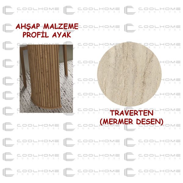 Bohem Yemek Masası , Mutfak Masası , Oval , Traverten (Mermer desen) , İskandinav