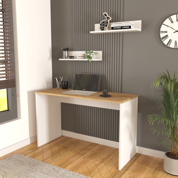 Olven Raflı Çalışma Masası 120 cm , Beyaz - Meşe
