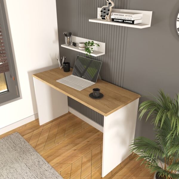 Olven Raflı Çalışma Masası 120 cm , Beyaz - Meşe