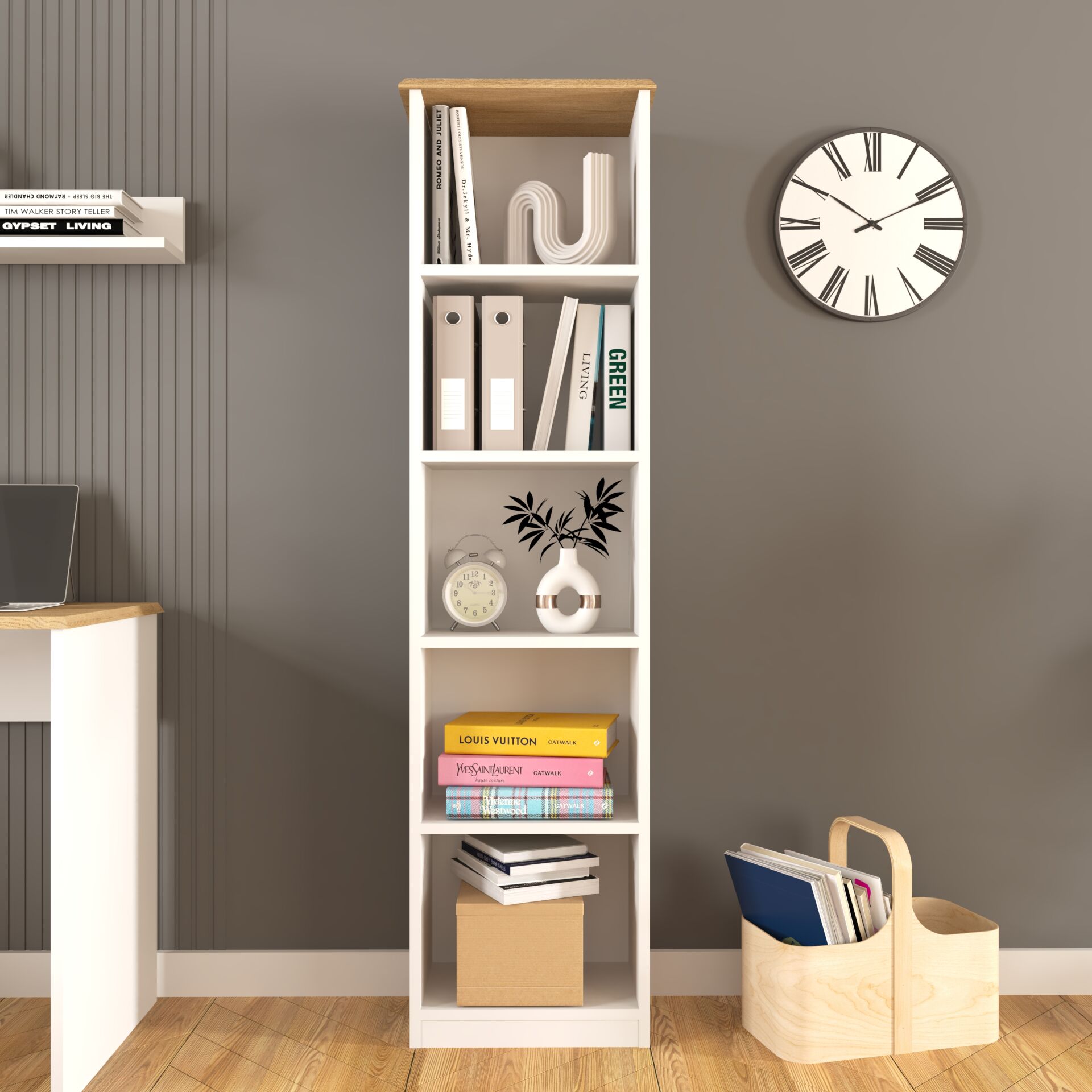 Olven Kitaplık 5 Raflı , 162 cm Beyaz-Meşe