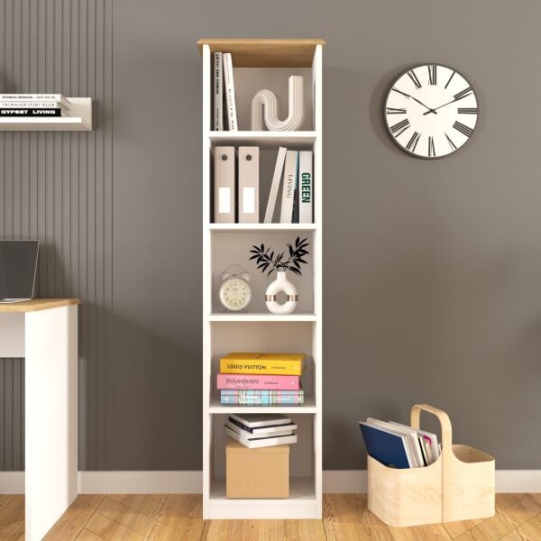 Olven Kitaplık 5 Raflı , 162 cm Beyaz-Meşe