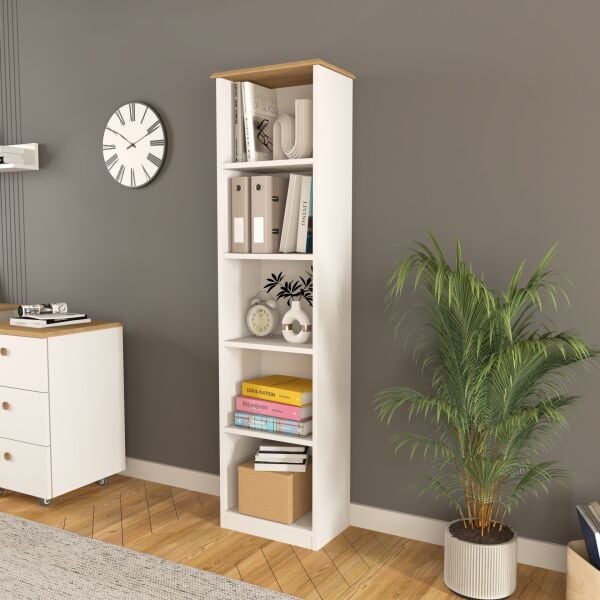 Olven Kitaplık 5 Raflı , 162 cm Beyaz-Meşe