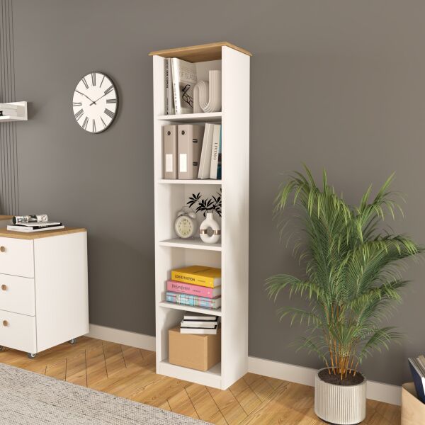 Olven Kitaplık 5 Raflı , 162 cm Beyaz-Meşe