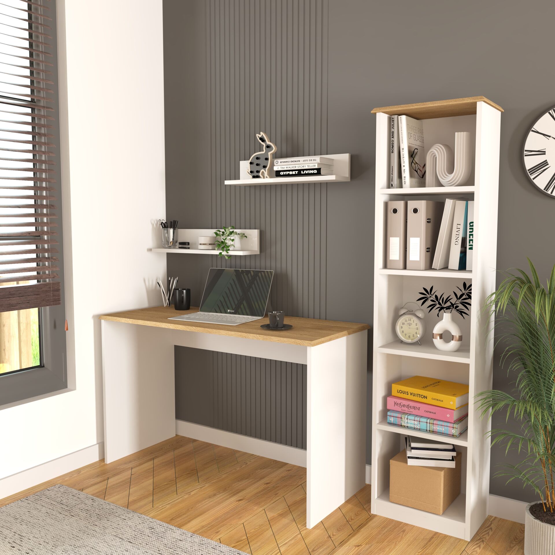Olven Raflı Çalışma Masası ve Kitaplık Seti , Beyaz - Meşe