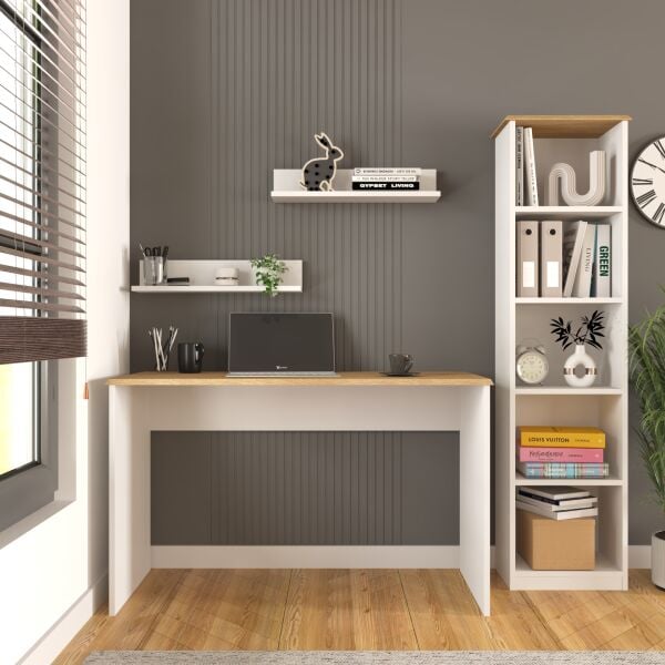 Olven Raflı Çalışma Masası ve Kitaplık Seti , Beyaz - Meşe