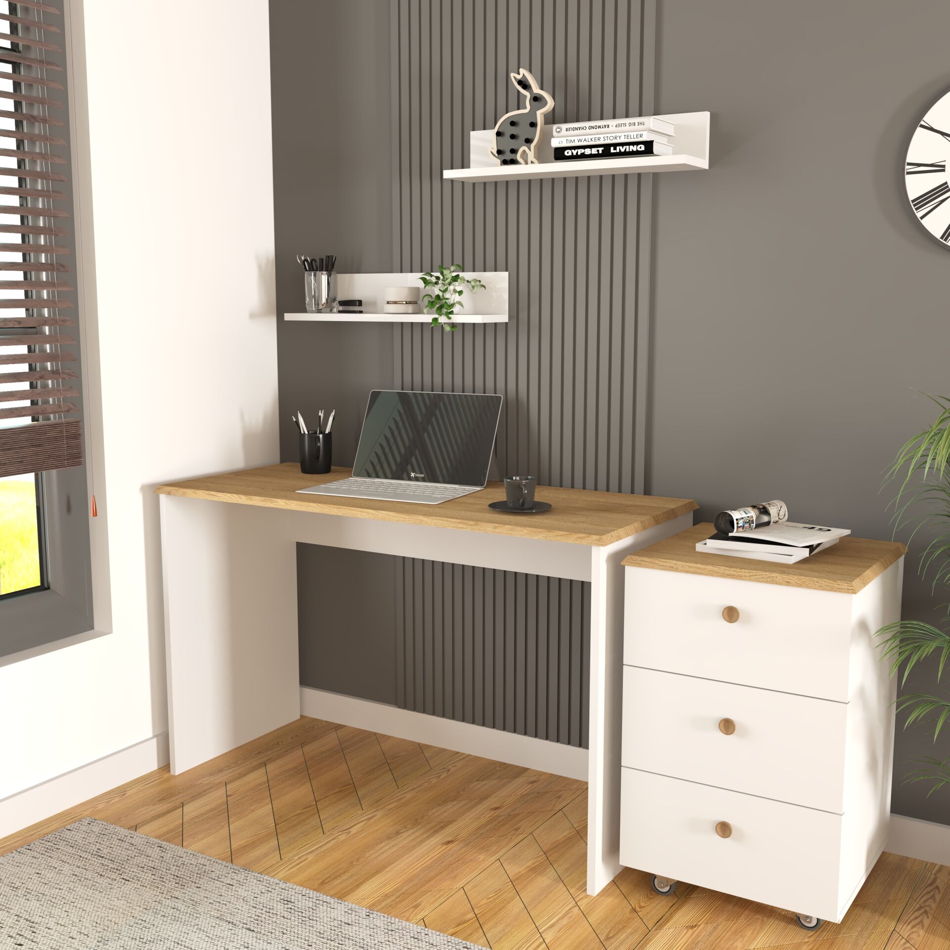 Olven Raflı Çalışma Masası ve Keson 3 Çekmeceli , Beyaz - Meşe
