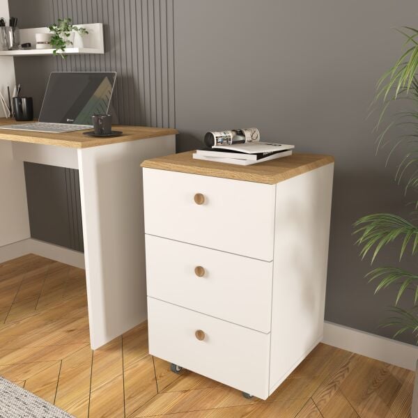 Olven Raflı Çalışma Masası , Kitaplık ve Keson Seti , Beyaz - Meşe