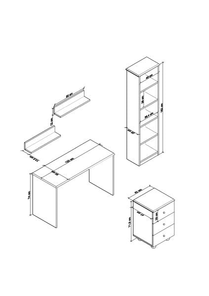 Olven Raflı Çalışma Masası , Kitaplık ve Keson Seti , Beyaz - Meşe