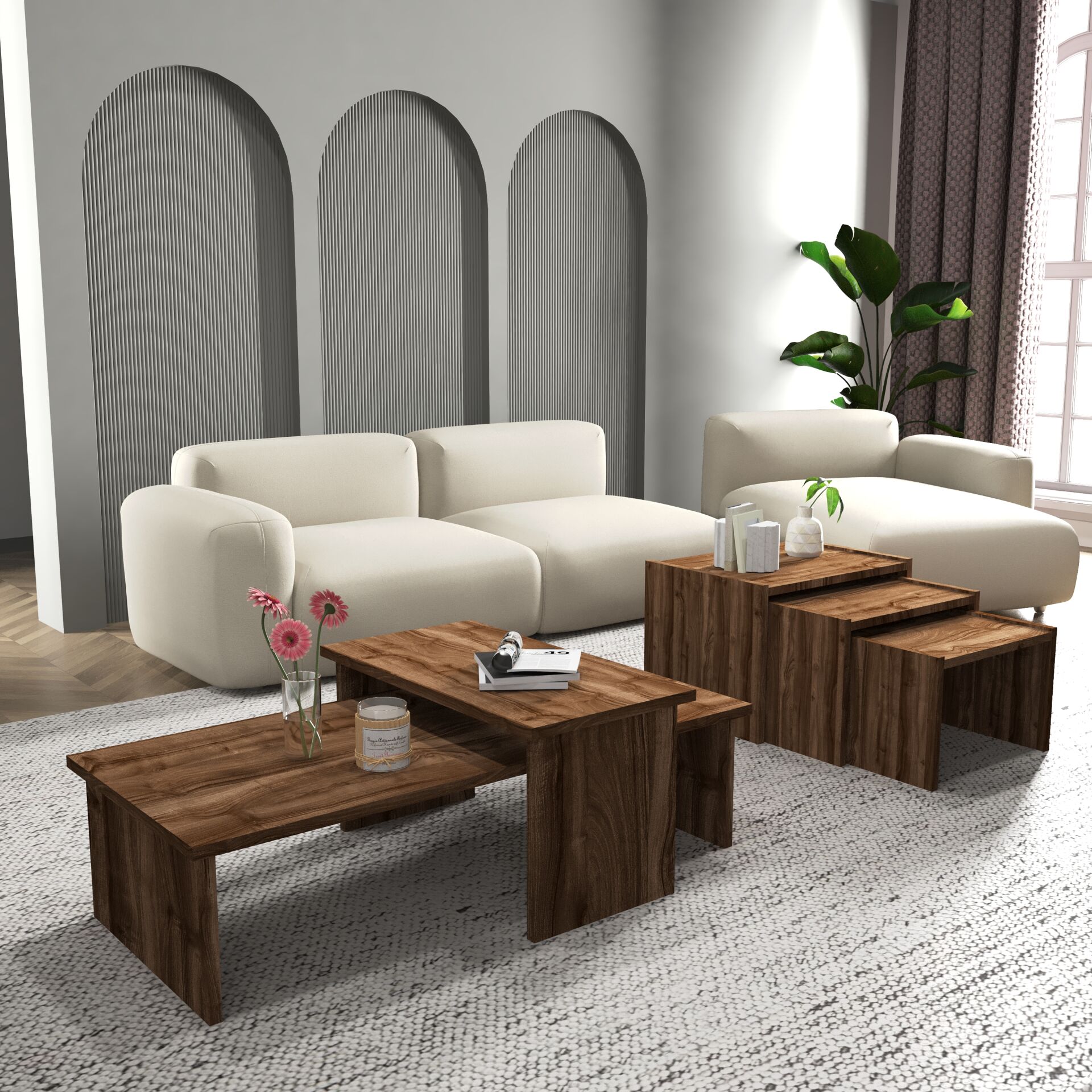 Vera 2'li Orta Sehpa ve Zigon Sehpa Seti , Servis Sehpası Sandık (Ceviz)