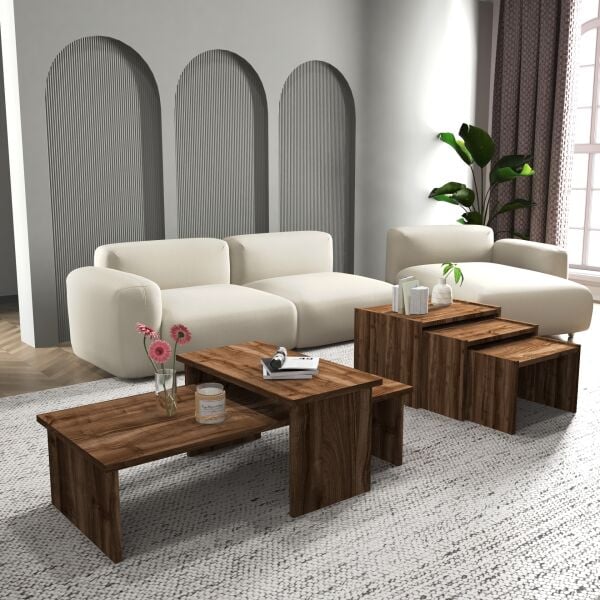 Vera 2'li Orta Sehpa ve Zigon Sehpa Seti , Servis Sehpası Sandık (Ceviz)