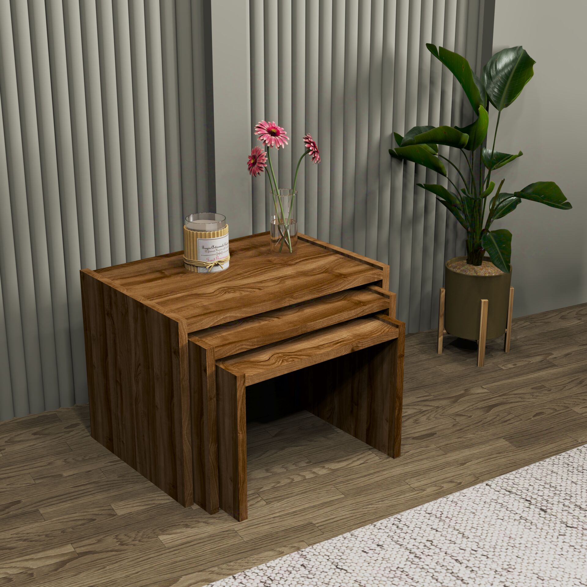 Vera 3'lü Zigon Sehpa , Servis Sehpası Sandık (Ceviz)