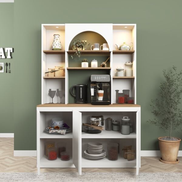 Mila Ledli Kahve Köşesi 120 cm , Çok Amaçlı Mutfak , Kiler Dolabı ,Beyaz - Meşe (Sepet)