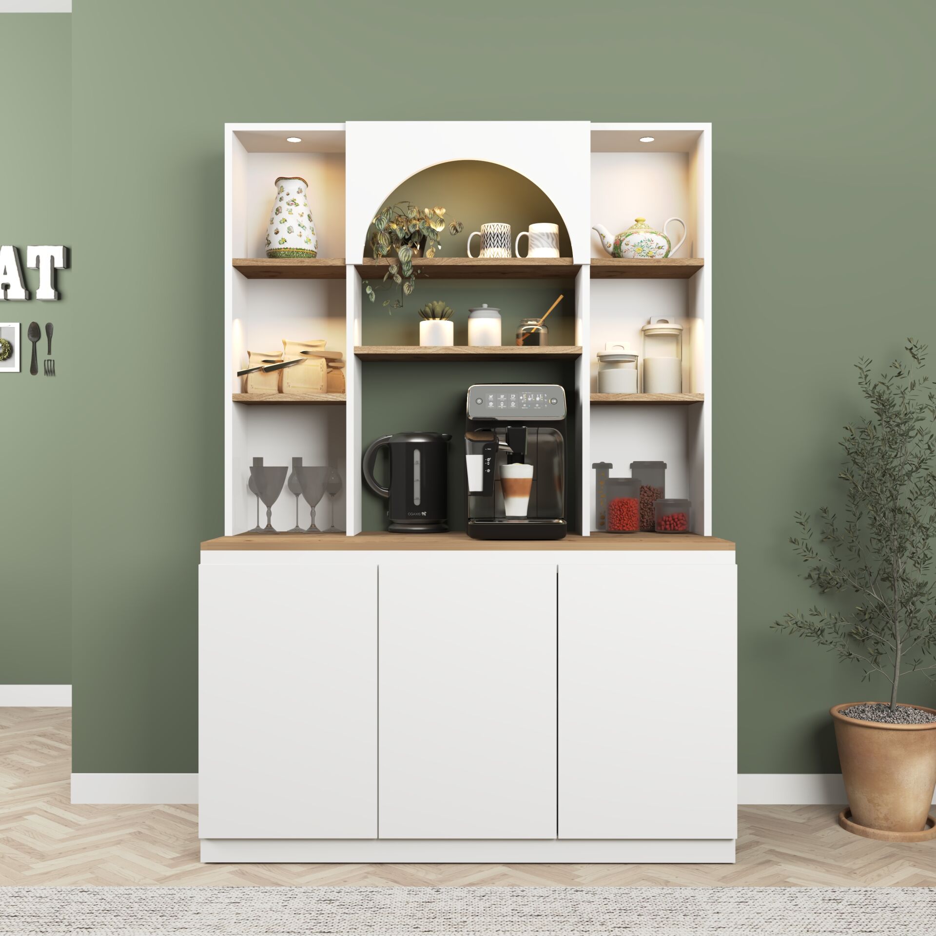 Mila Ledli Kahve Köşesi 120 cm , Çok Amaçlı Mutfak , Kiler Dolabı ,Beyaz - Meşe (Sepet)