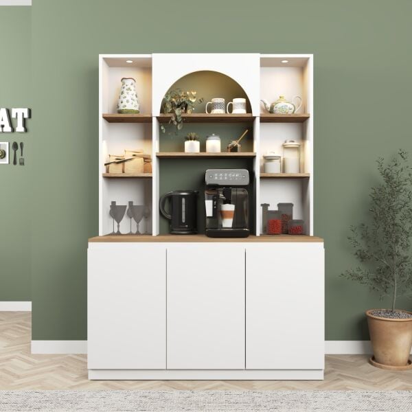 Mila Ledli Kahve Köşesi 120 cm , Çok Amaçlı Mutfak , Kiler Dolabı ,Beyaz - Meşe (Sepet)