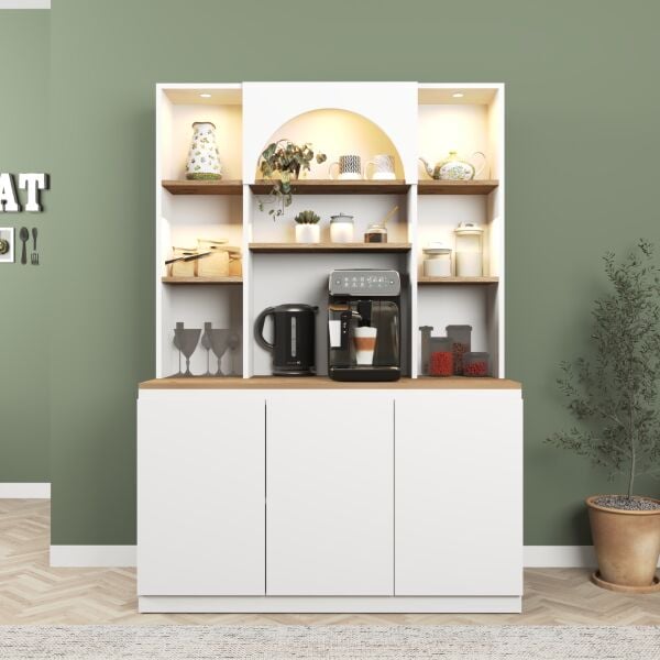 Mila Ledli Kahve Köşesi 120 cm , Çok Amaçlı Mutfak , Kiler Dolabı ,Beyaz - Meşe (Sepet)