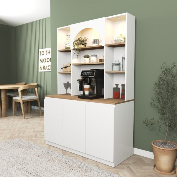 Mila Ledli Kahve Köşesi 120 cm , Çok Amaçlı Mutfak , Kiler Dolabı ,Beyaz - Meşe (Sepet)